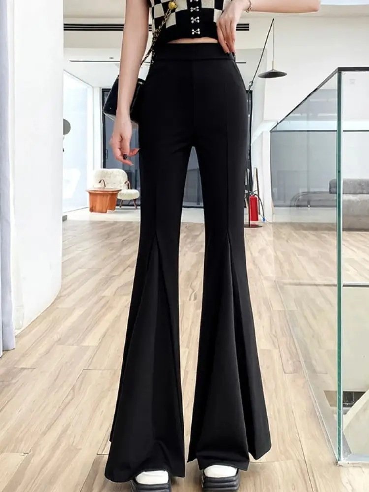 Women High Waisted Chic Flared Pants Fashion Long Straight