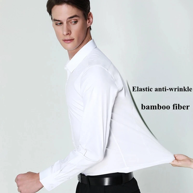 Men's White Bamboo Fiber Stretch Long Sleeve Dress Shirt - Slim Fit, Anti-Wrinkle, Casual & Business Formal Wear