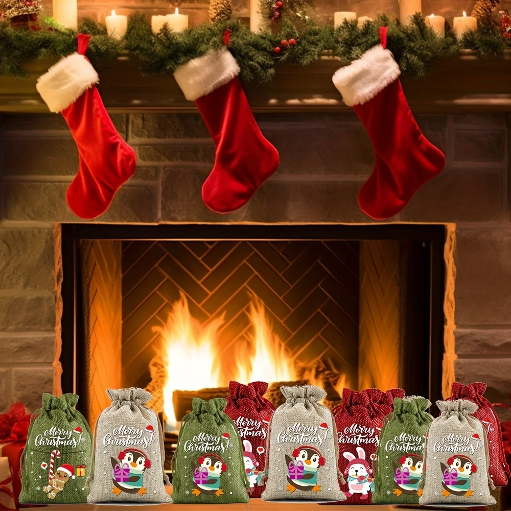 12pcs Christmas Linen Print Drawstring Cookie Candy Pouch for Xmas New Year Party Gifts Storage Bag Christmas Characte