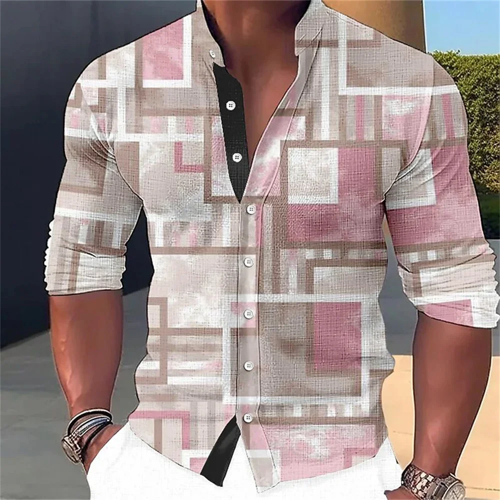 

Men's New Stand up Neck Shirt Square Pattern Printed Button Long sleeved Shirt Street Outdoor Casual Men's Top Plus Size 2024