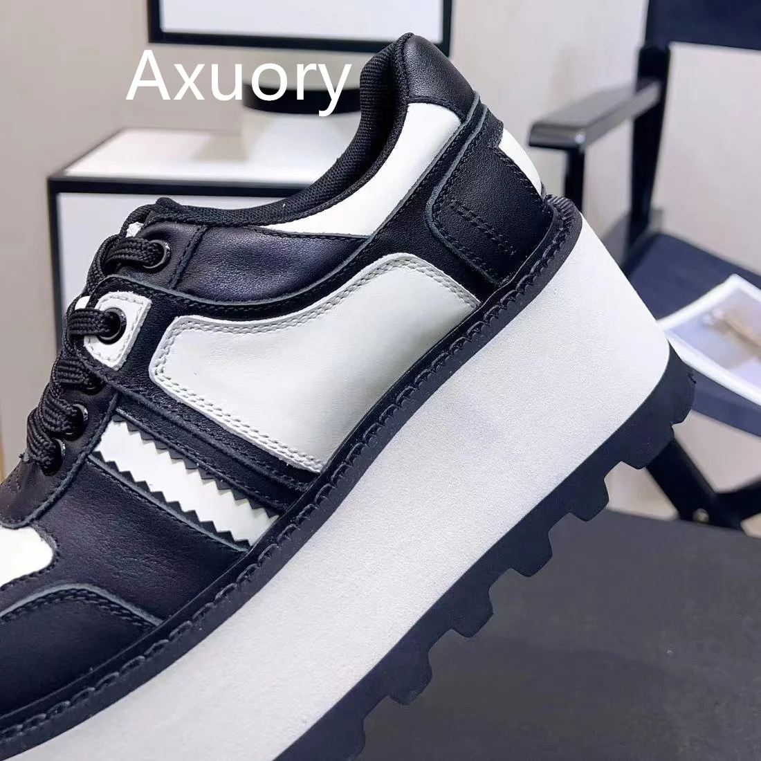2023 Autumn Women's Thick heeled sneakers Mixed Color Lace-up Genuine Leather High Quality Lovely Style