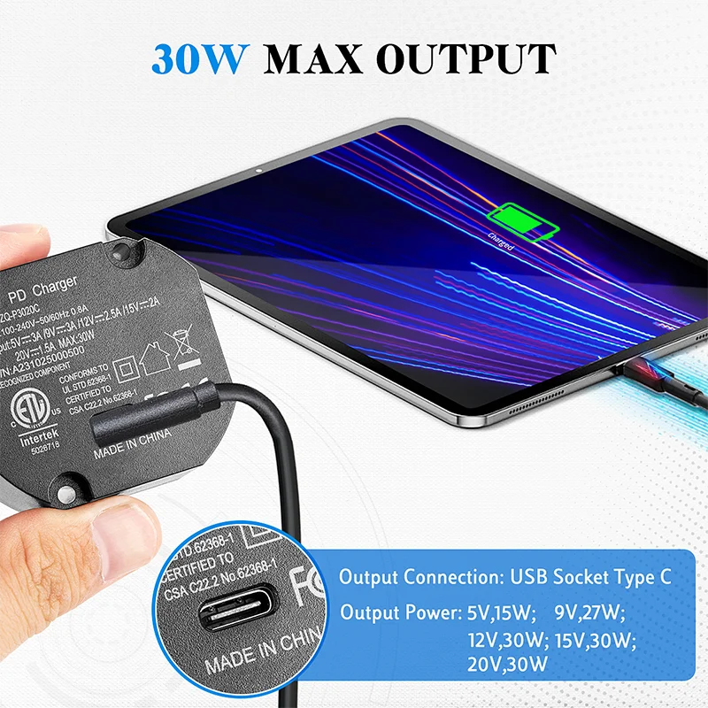 Tablet Fast Charger AC to USBC Adapter Flush Wall-mounted Power Adapter for Ipad with 30W Output 5V 9V 12V 15V 20V TypeC Charger