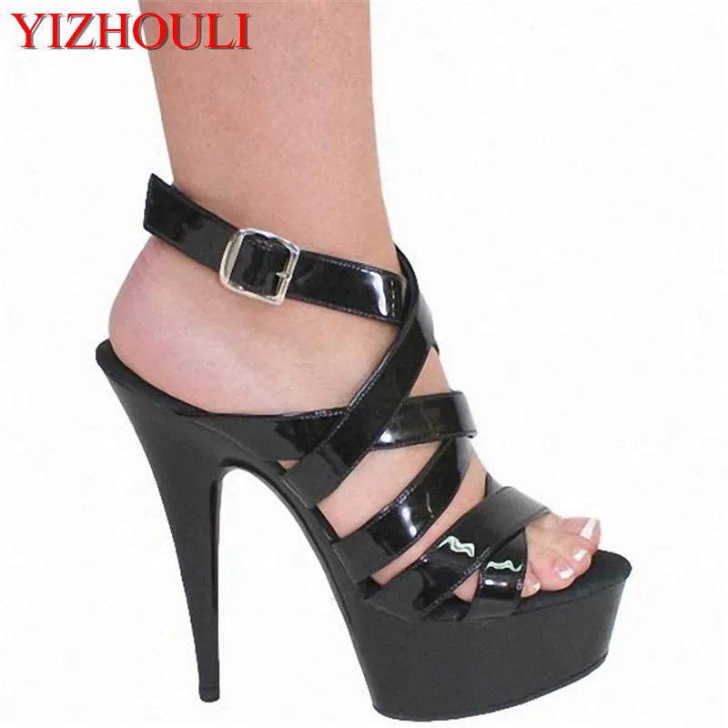 

New nightclub fashion high heels, delicate black patent leather model stage catwalk 15 cm dance shoes