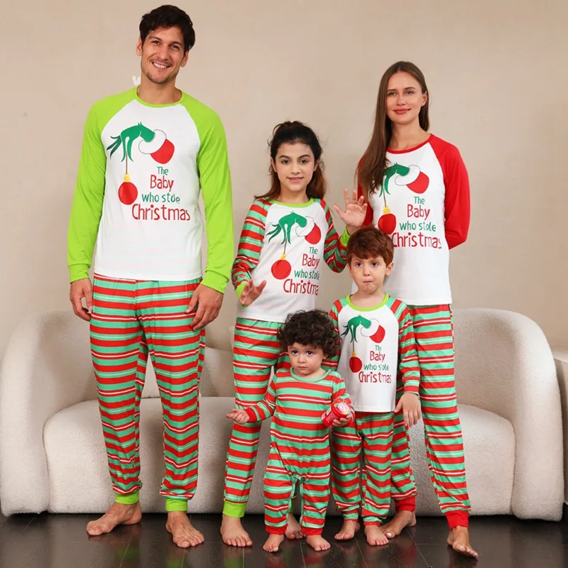 

Семейные сочетающиеся рождественские пижамы-полосатый мультяшный принт-теплая и удобная забавная мягкая и свободная Рождественская домашняя одежда для семьи