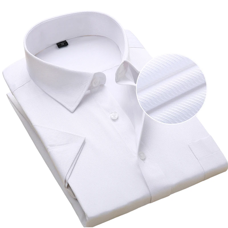 Plus Size Men Dress Shirts Short Sleeve Slim Fit Solid Striped Business Formal White Man Shirt Male Social Casual Clothing 2