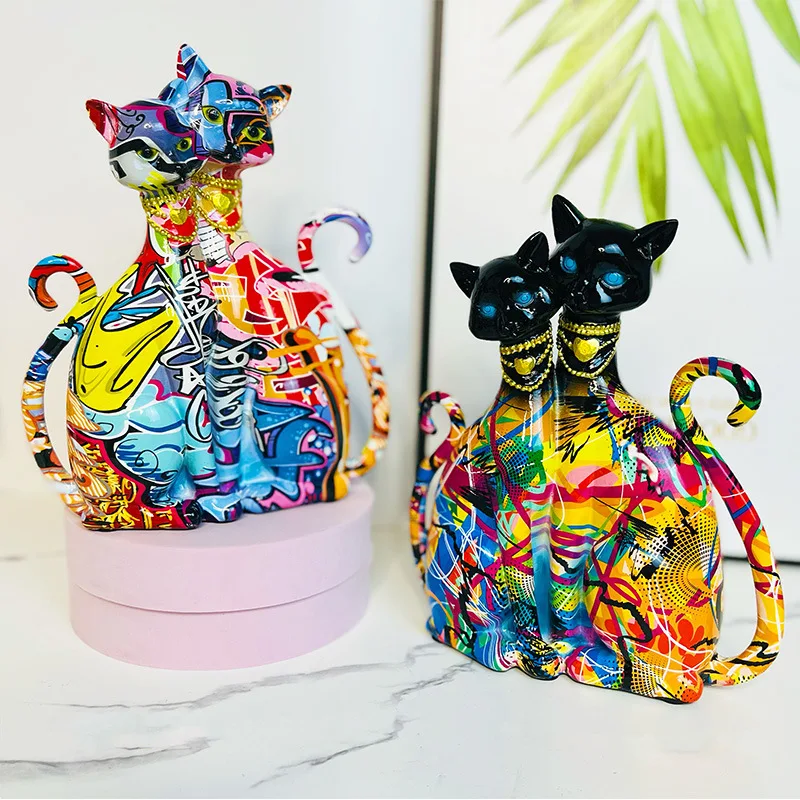 

Creative Graffiti Couple Cat Resin Statue Ornaments, Living Room Desktop TV Cabinet Entrance Hall Office Decoration Wedding Gift