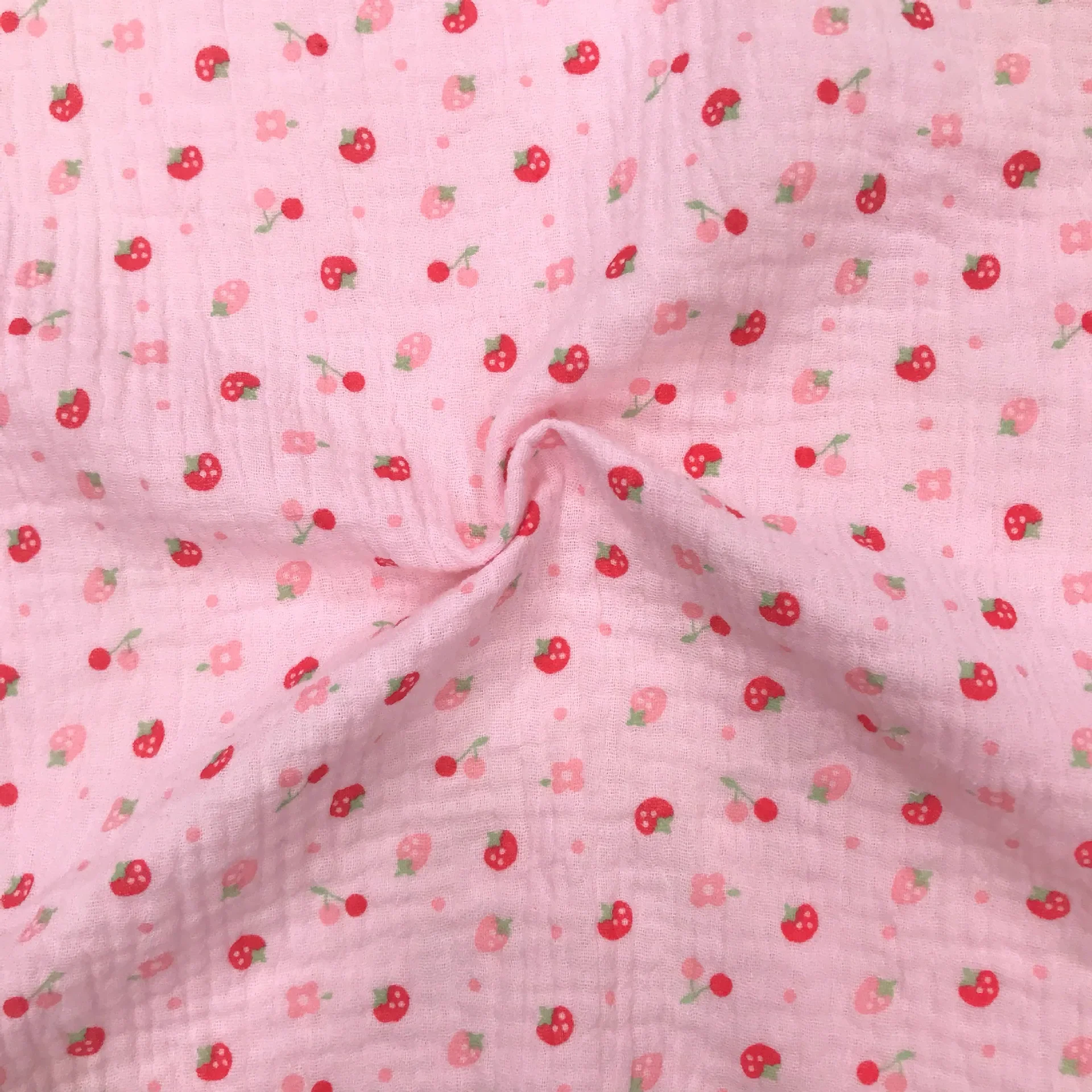 New Cartoon Fruit Cherry Pink Print Double Layer Pure Cotton Comfortable Cute Fabric for Women Children's Clothing