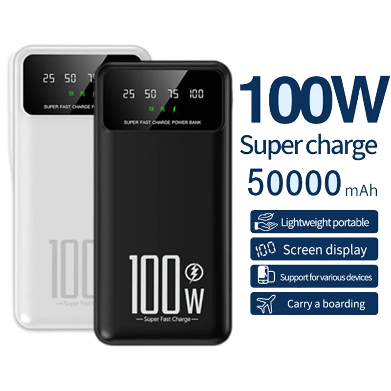 20000mAh 디지털 디스플레이 파워 뱅크 100W 고속 충전기(LED 조명 포함) 모든 스마트폰용 휴대용 외부 배터리