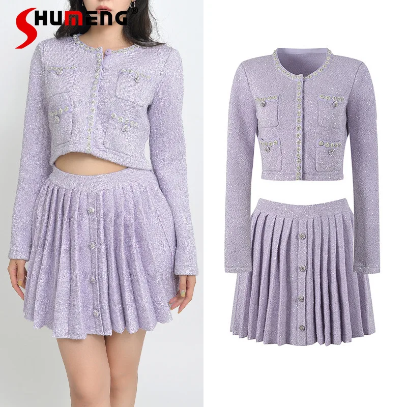 2023 Spring Autumn New Sequined Crystal Rhinestone Single-Breasted Long Sleeve Pleated Skirt Knitwear Top Socialite 2 Pieces Set rhinestone satin pleated wooden ear puff sleeve slim fit waist a line dress women fashion retro square collar long sleeve dress