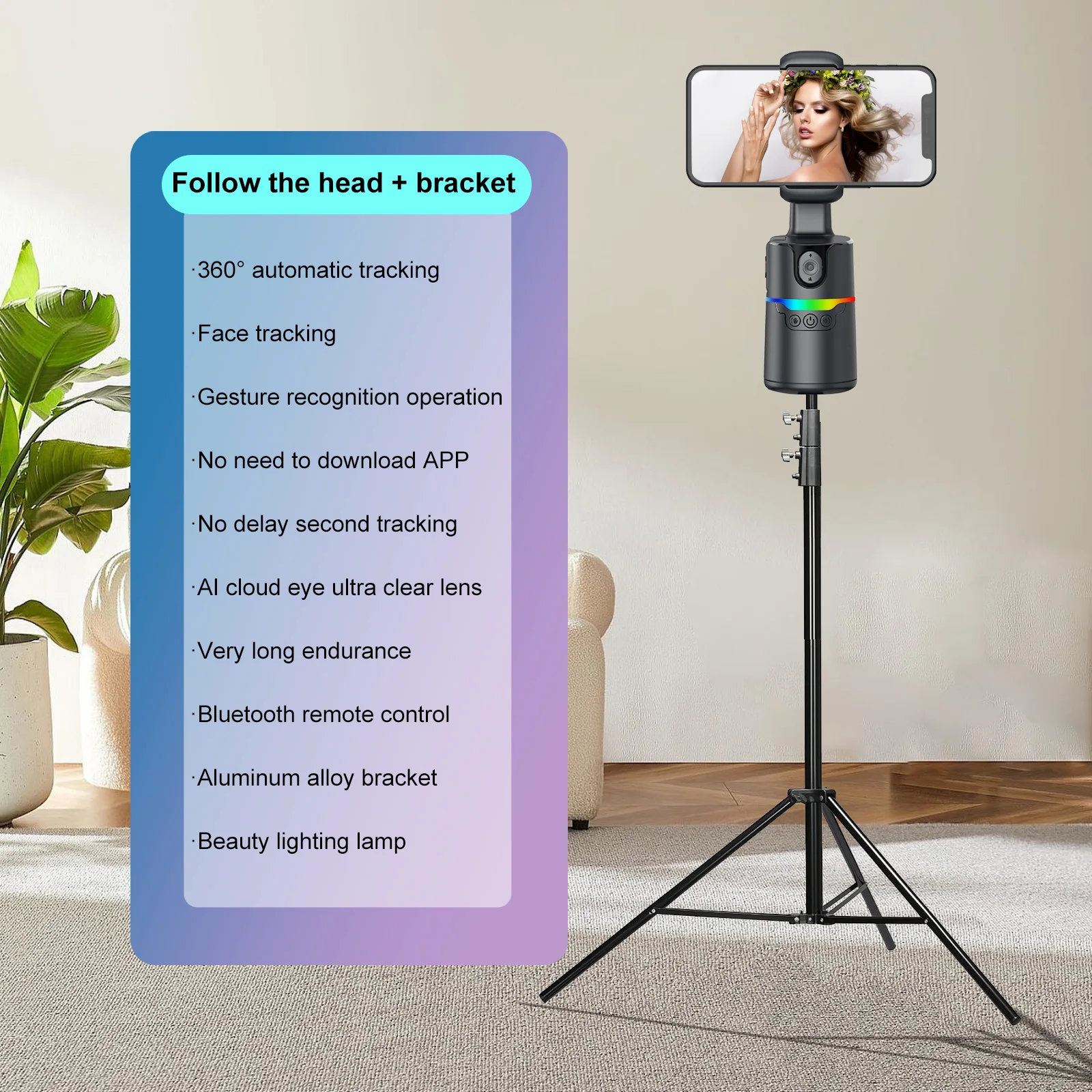 Gimbal stabilisateur 360° avec suivi facial auto et télécommande sans fil pour smartphone, avec la télécommande en main.