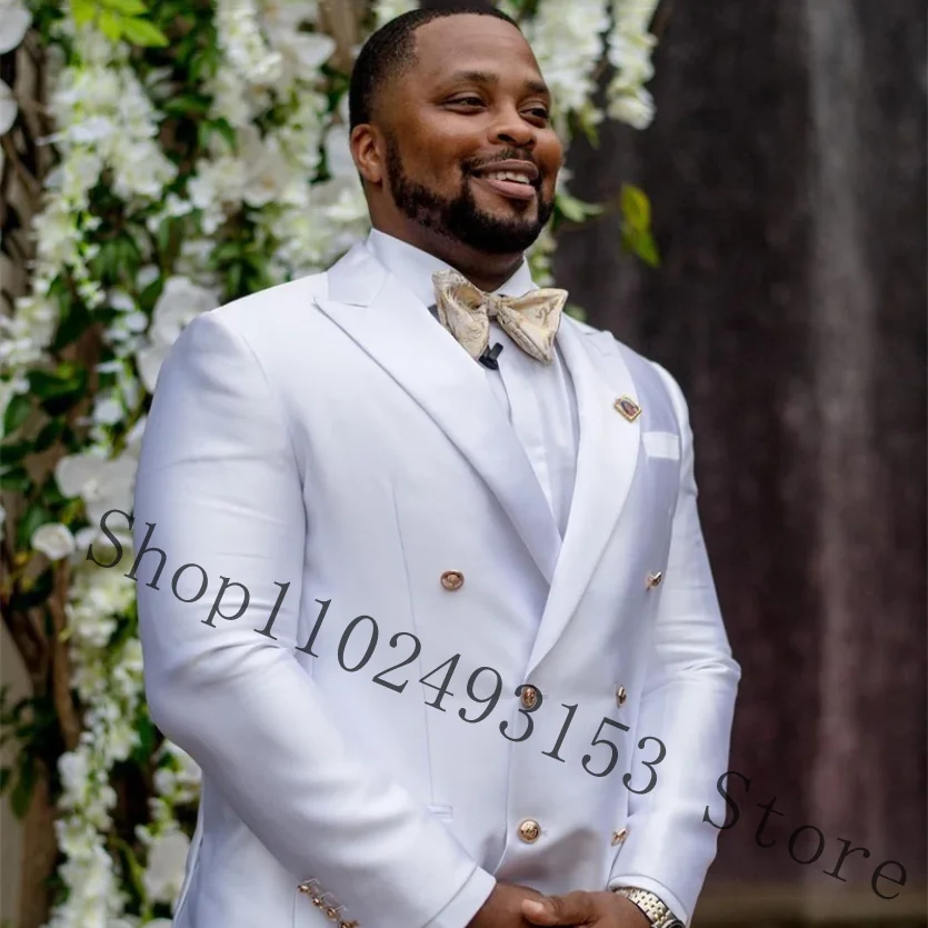 Elegant White Wedding Suits For Men Peak Lapel Double Breasted 2 Pieces Groomsmen Bridegroom Wedding Tuxedos Trajes De Hombre