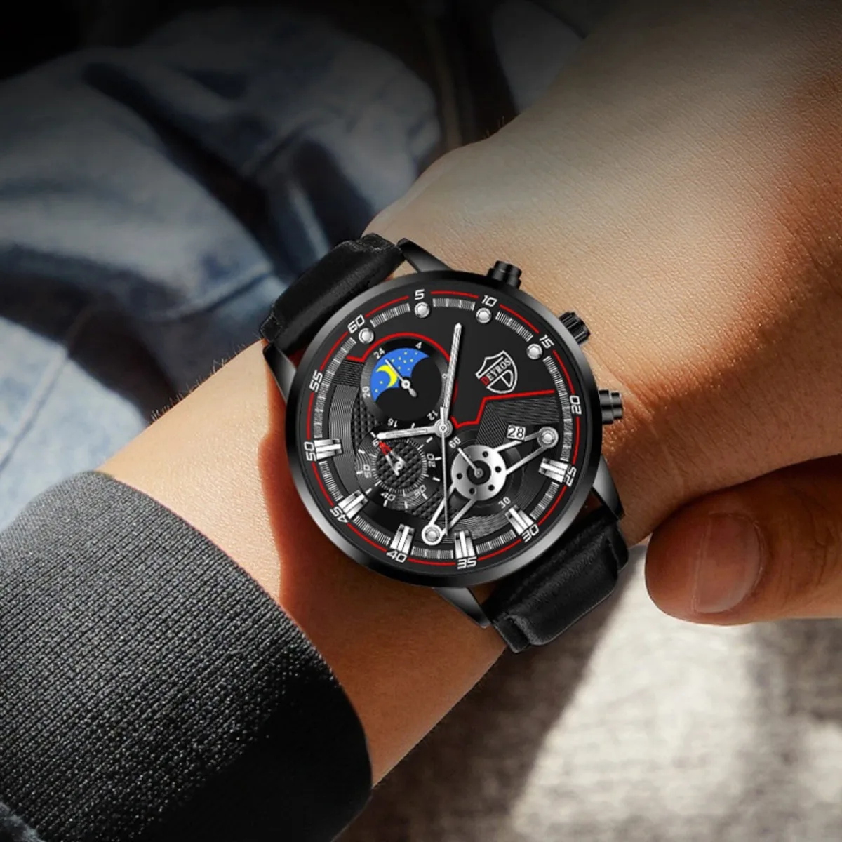2 Pieces/Set Men's Fashion Casual Leather Quartz Watch Set - Stylish Timepiece And Wallet Combo Ideal Gift Choice 5