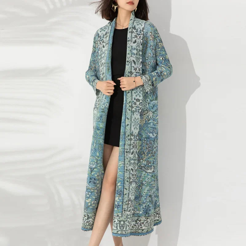 Miyake Pleated Turndown Collar Vintage Printed Long Sleeve Dress Women 2024 New Original Designer Abaya Fashion Classical Coats