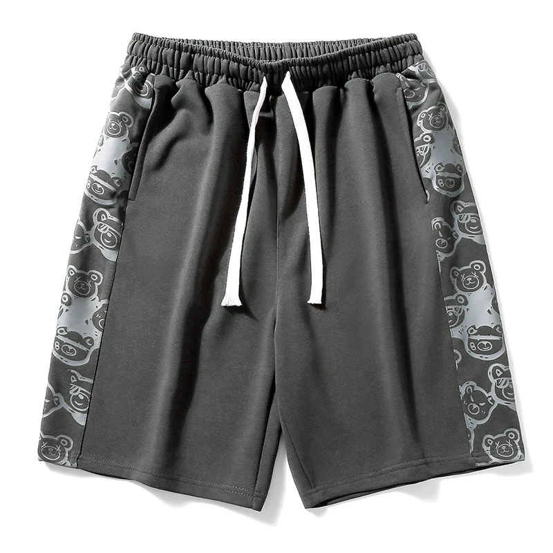 2024 New Summer Men Side Edge Patchwork Little Bear Printing Shorts Solid Color Loose Popularity Elastic Waist Casual Pants