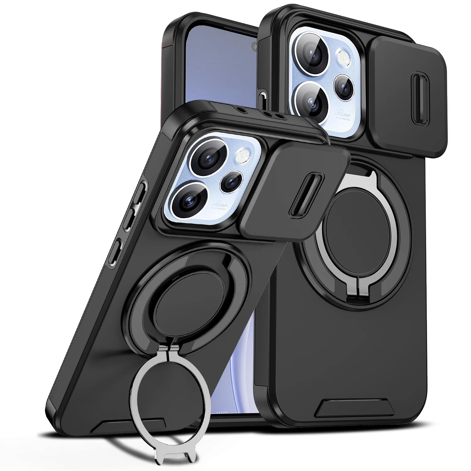 Enhanced Protective Phone Case with Slide Cover and Magnetic Ring Holder