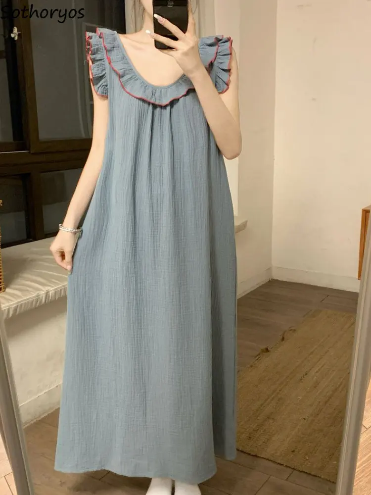 Sleeveless Nightgowns Women Sweet Ruffles Summer Ankle-length Sleepwear Fashion Korean Style Lounge Elegant Princess All-match