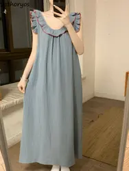 Sleeveless Nightgowns Women Sweet Ruffles Summer Ankle-length Sleepwear Fashion Korean Style Lounge Elegant Princess All-match