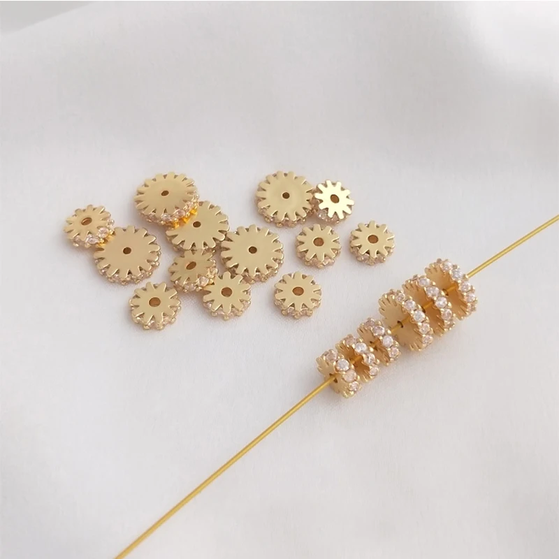 

6/8mm 14K Gold Plated Brass CZ Paved Daisy Flower Wheel Donut Spacers Beads For Bracelet Making Jewelry Supply