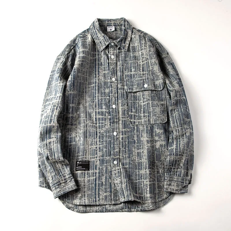 Japan Retro Washed Vintage Plaid Workwear Denim Shirt for Men Cityboys Oversize BF Style Loose Casual Long Sleeve Tops Coats
