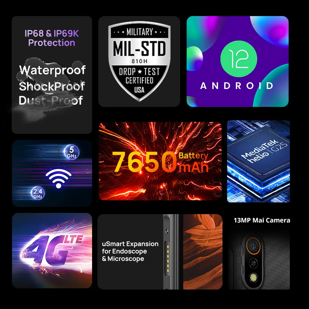 Ulefone Armor Pad Rugged Tablet 4GB RAM 64GB ROM 7650mAh 8.0'' HD+ Display 4G Android 12 Tablet Phone IP68/IP69K 13MP Camera 2
