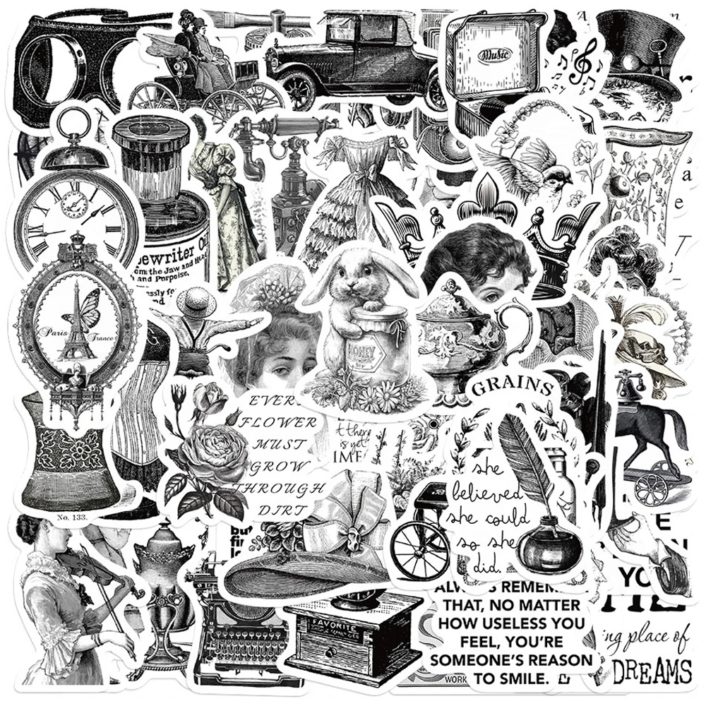 

10/30/64 шт ретро черно-белые художественные наклейки винтажная мультяшная наклейка дорожный багаж гитара ноутбук водостойкая классическая д...