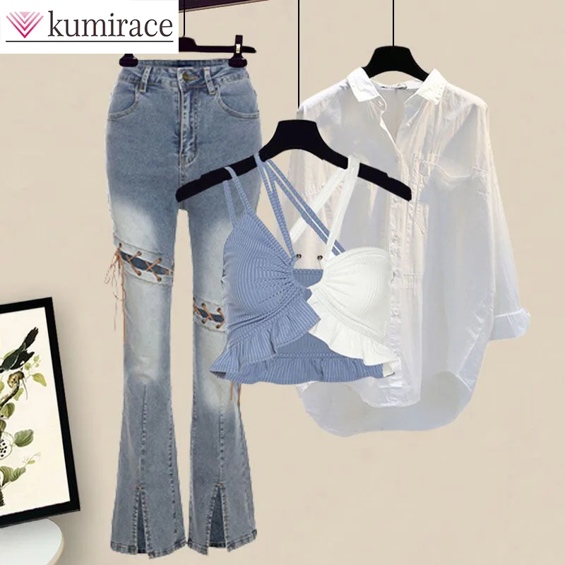 Large Women's Spring/Summer Set 2023 New Strap Tank Top Versatile Shirt Micro Flared Jeans Three Piece Women's Pants Set yvonne y15d usb2 0 u disk telescopic 32gb usb type c micro usb three ports otg flash drive for mobile phone pc laptop green