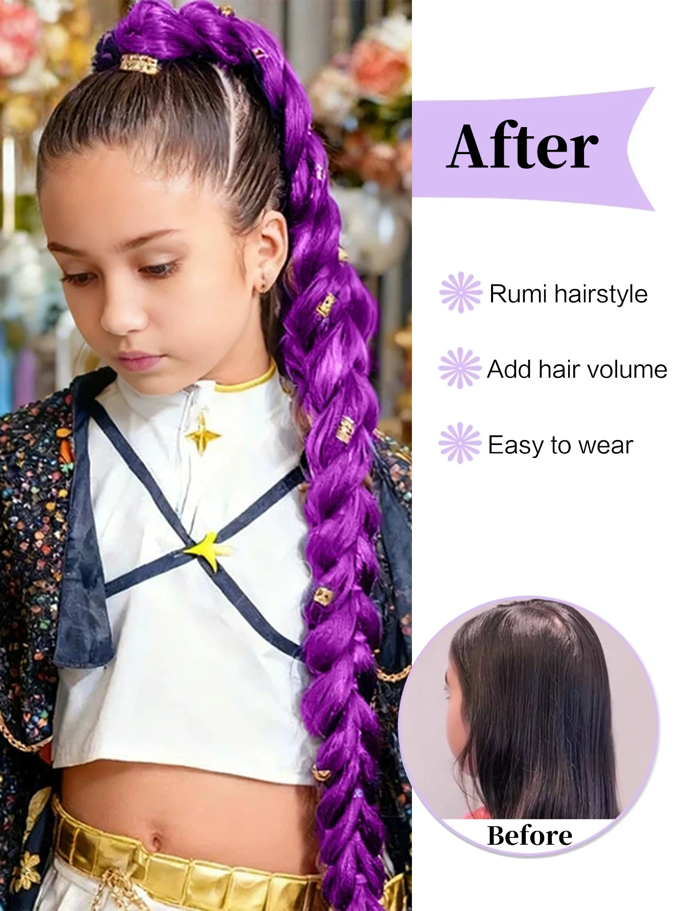 model wearing long purple braided ponytail