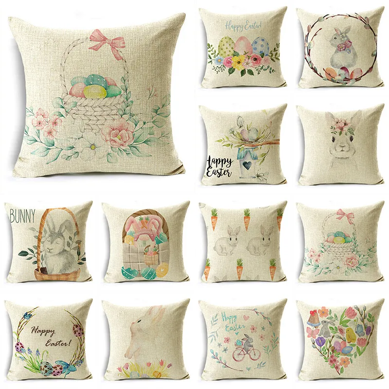 

Vintage Easter Rabbit Flower Basket Egg Tree Beige Linen Throw Pillowcase Decorative Cushion Cover 40*40cm/45*45cm/50*50cm