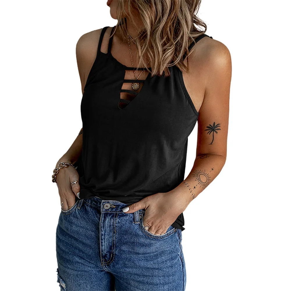

Women Fashion Solid Color T-Shirt Summer Sleeveless Casual Loose Tank Top Ladies V-Neck Hollow Out Suspenders Vest Tee