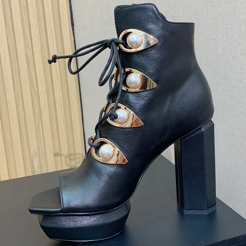 

Fashion Women Short Boots Autumn New Pearl Decor Walk Show Platform Ankle Boots Open Toe Appear Whitening Female Pumps
