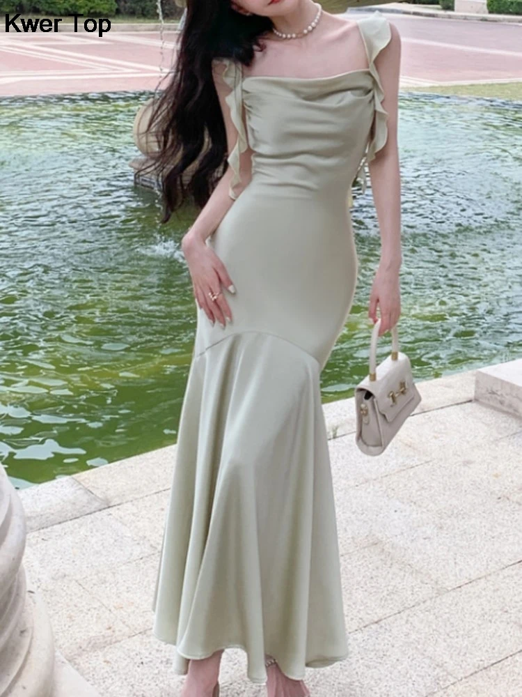 

French Elegant Solid Bodycon Mermaid Dresses Summer New Fashion Strap Ruffles beach Vestido Women Wedding Party Clothing