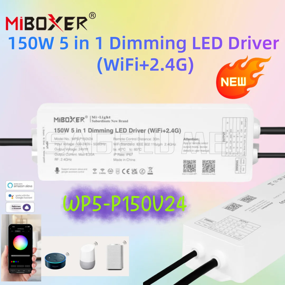 MiBoxer WP5-P150V24 150W 5in1 WiFi + 2.4G Tuya สมาร์ท Dimmer กันน้ําสําหรับ SingleColor/Dual สีขาว/RGB/RGBW/RGBCCT LED Strip 1
