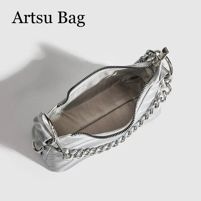 Women's Bag 2024 Fashionable Chain New Half Moon Style Shoulder Bag Versatile Silver Color Handheld Small Square Bag