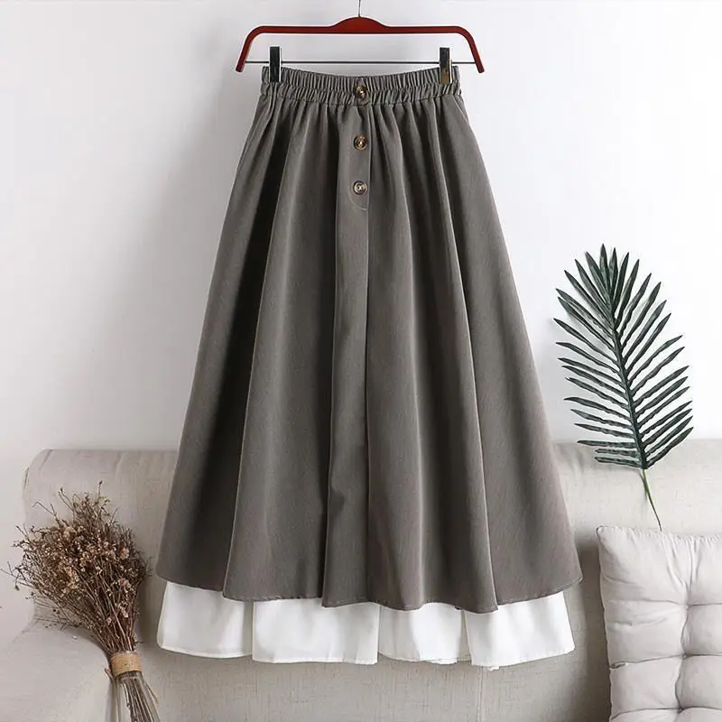 

New Spring Summer Women Skirt Oversize Korean Style A-line Patchwork Long Skirts High Waist Female Skirts Double Layer Ruffle