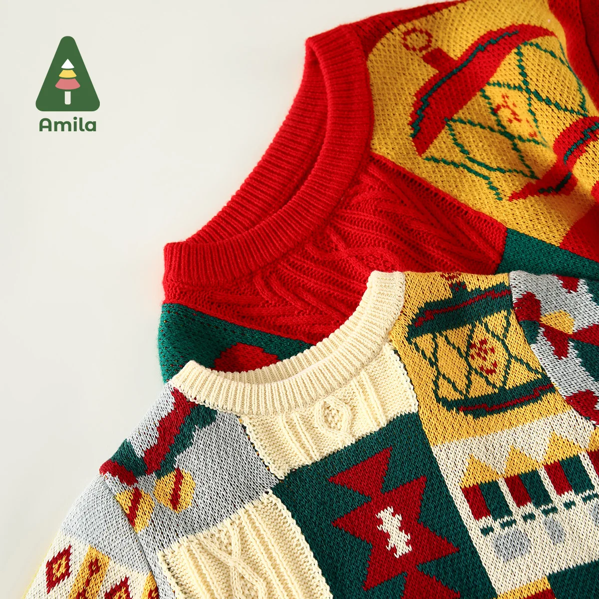 Amila Baby's Sweater Winter New Boys And Girls Jacquard Twisting Technology Original Checkered Color Block Pattern Sweaters
