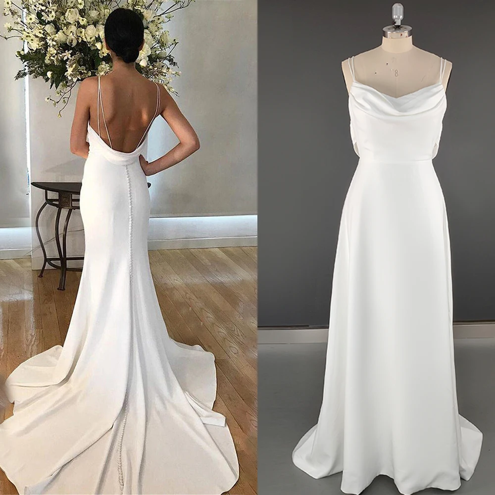

Spaghetti Straps Crepe Backless Wedding Dress Plus Size Zipper Cowl Trailing Custom Made Sheath V Neck Bridal Gowns With Train
