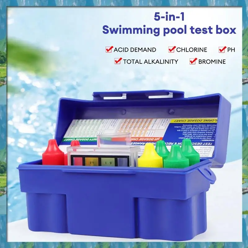Das neue 5-Wege-Testkit für Pool und Spa, Säurenachfrage, Chlor, Gesamtkalinität, Brom, PH-Wasserqualitätstester-Set
