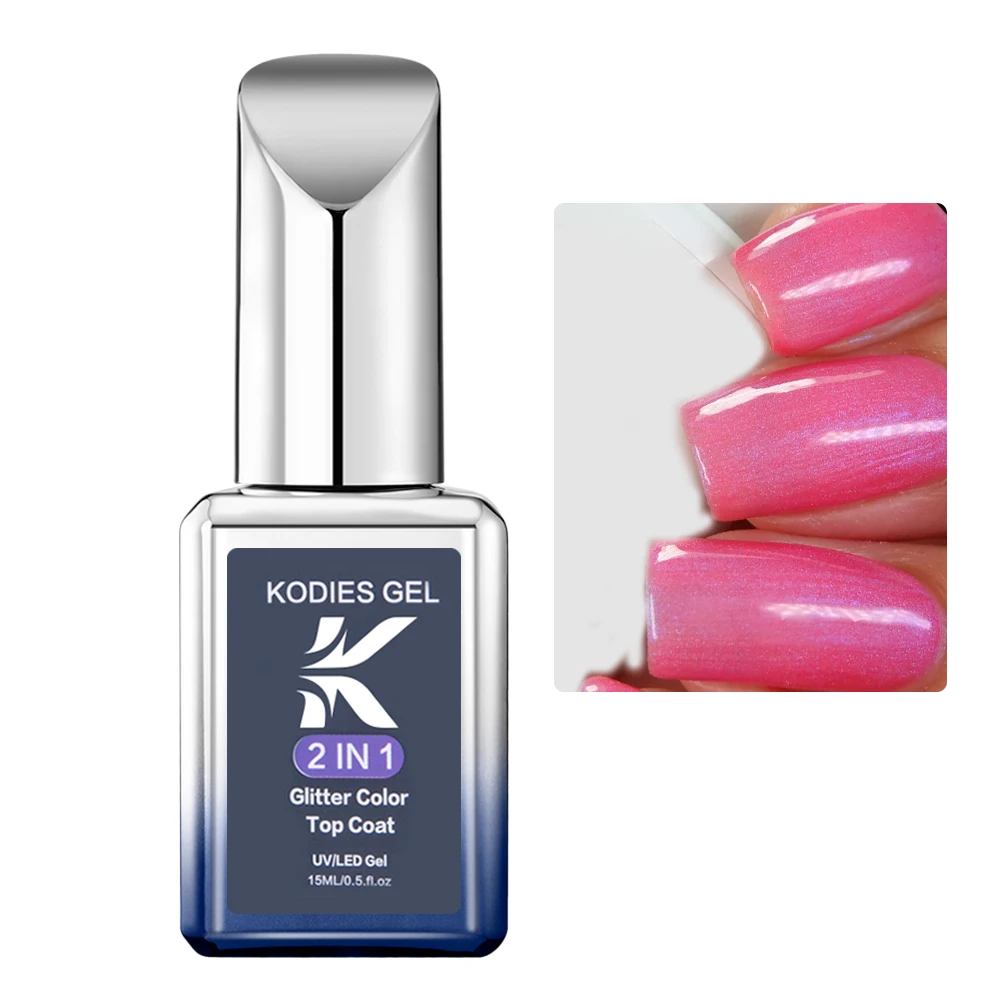 KODIES GEL Glitter Top Coat Aurora Chrome Gel Nail Polish 2 IN 1 Sparkle Shimmery Pink Nail Gel Finish Topcoat Manicure