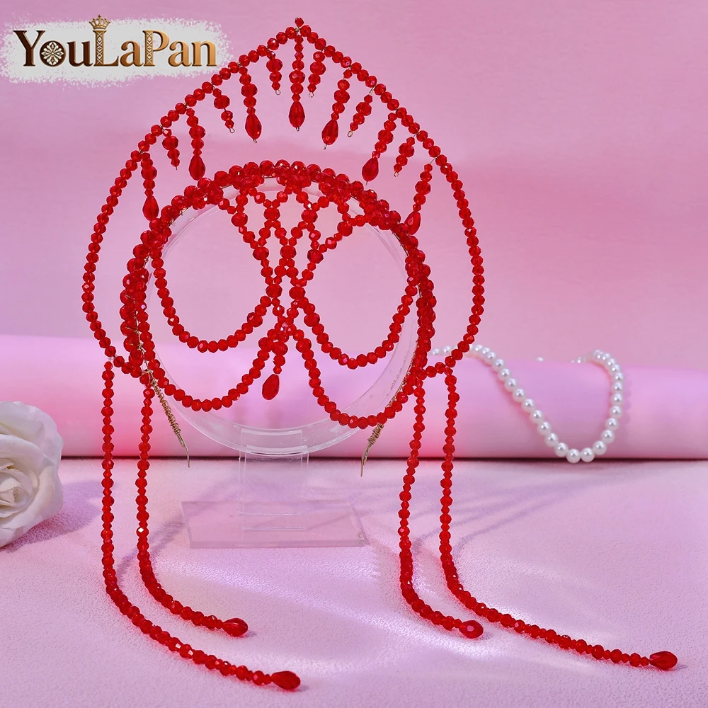 YouLaPan 럭셔리 레드 컬러 크리스탈 크라운 머리띠 Boho Tassel 신부 티아라 헤어 액세서리 파티 축제 헤드피스 A417