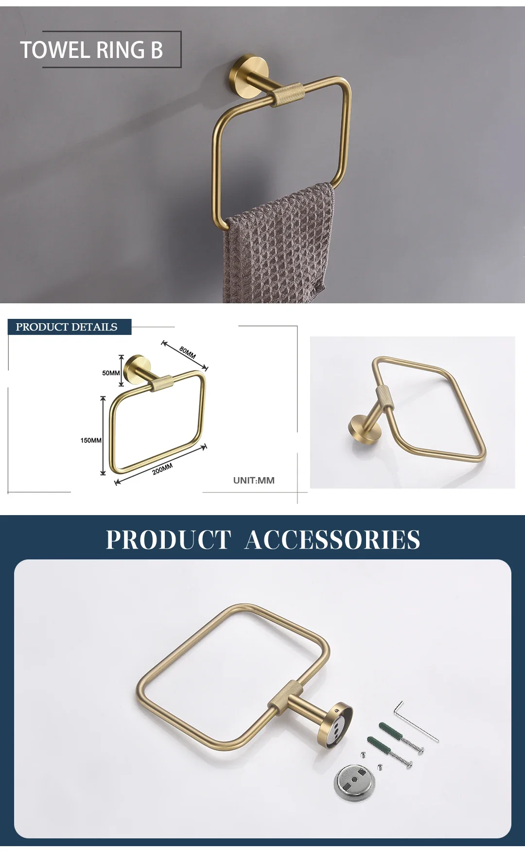 Description Picture 4 of itemBrushed Gold Brass Knurling Bathroom Accessories Set Wall Mount Hand Towel Rack Toilet Paper Holder Robe Hook Hanger