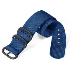 Versatile Ribbed Nylon Watch Strap with Silver, Black, and Gold Ring Buckle - 22mm (Blue - Black)