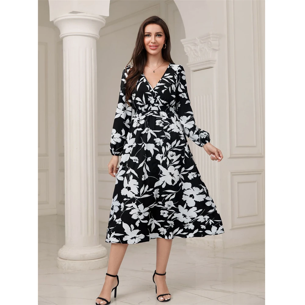 

Autumn New Floral Print Maxi Dress Elegant V-Neck High Wast A-Line Dresses for Women Muslim Abaya Dubai Turkey Kaftan Vestidos