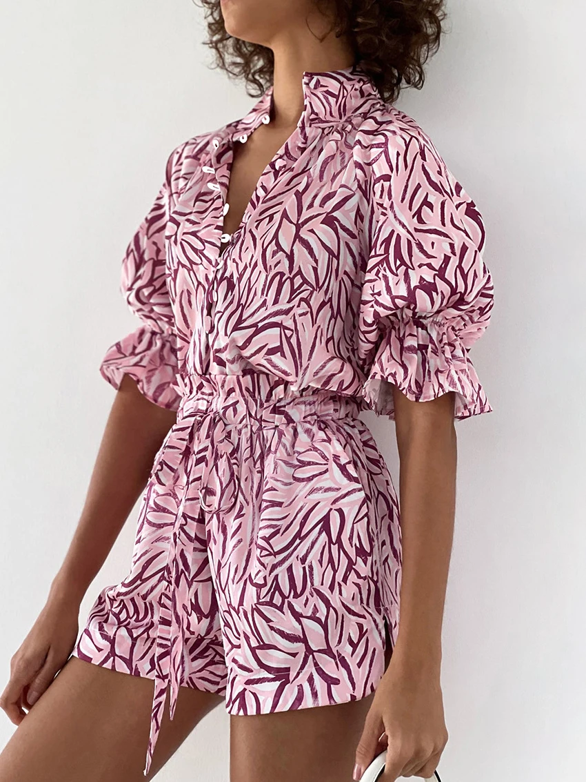 Marthaqiqi Printing Ladies Nightgown Suit Turn-Down Collar Sleepwear Lace Up Half Sleeve Nightie Shorts Casual Female Pajama Set