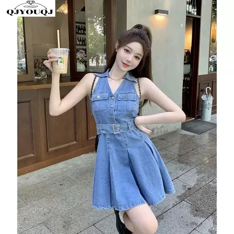 

Denim Skirt Design Sense Hanging Neck Skirt Niche Short Pleated Skirt Dress Age Reducing Slim Fit Elegant Women's A-line Skirt