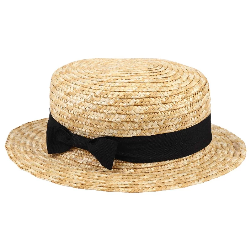 Cute Child Girls Straw Hat Bowknot Sun Hat Kids Large Brim Beach Summer Boater Beach Ribbon Round Flat Top Fedora