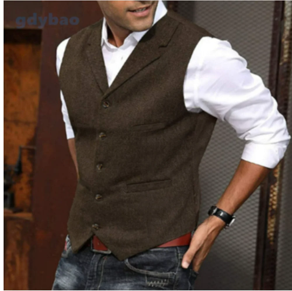 Men's Casual Classic Suit Vest V Neck Herringbone Tweed Slim Fit Business Waistcoat For Wedding 4