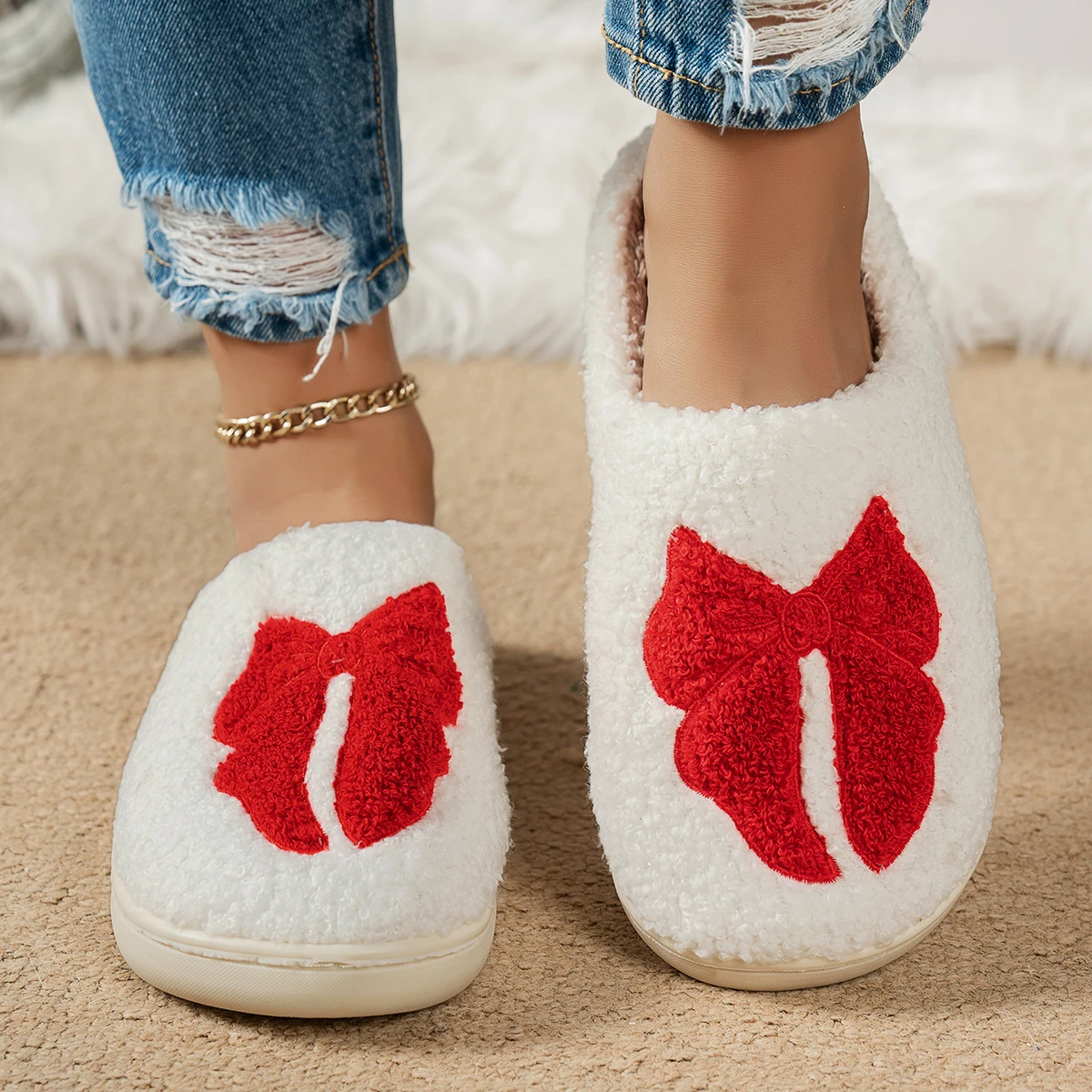 لطيف القوس المرأة نعال تدفئة مريح موضة الشتاء داخل...