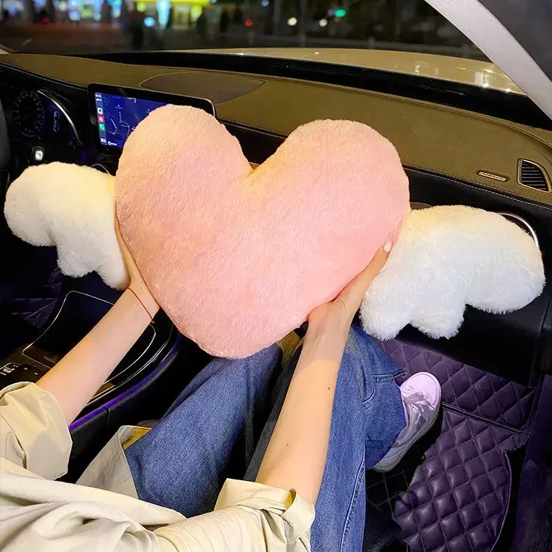 Love Wings Heart-Shaped Plush Car Headrest Neck Pillow Soft Cute Kawaii Car Seat Accessory - Unique Auto Interior Cushion
