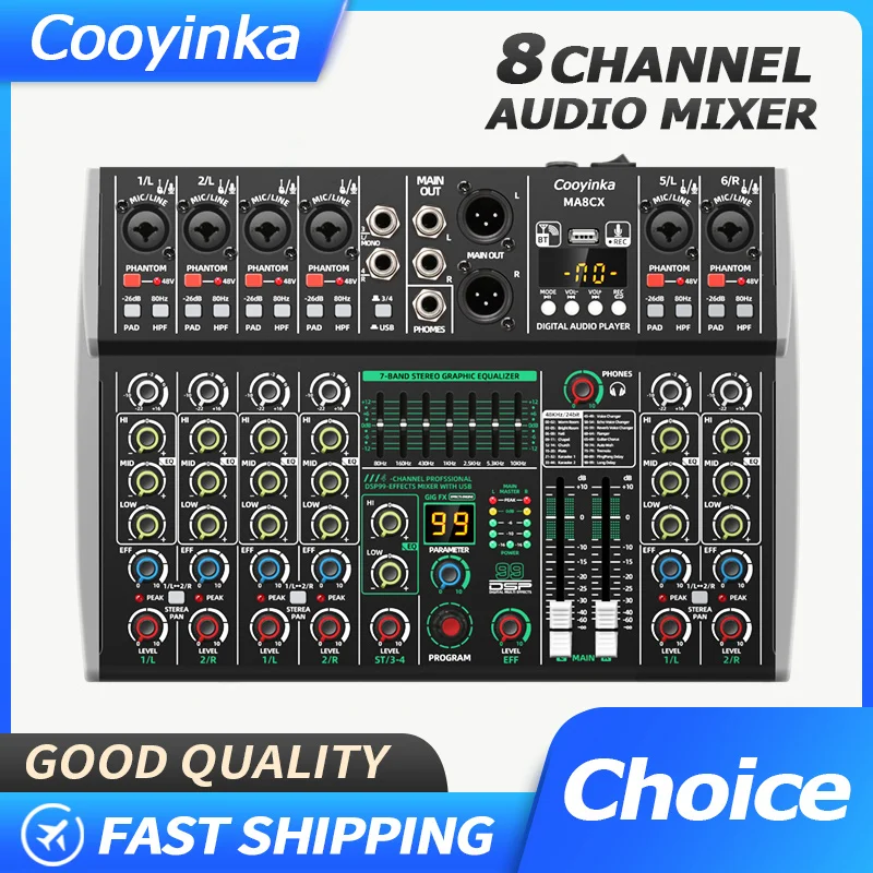 8채널 믹싱 콘솔 48V 99 DSP 이펙트 블루투스 로메호 오디오 DJ 믹서 USB PC 재생 녹음 팟캐스트 사운드 테이블