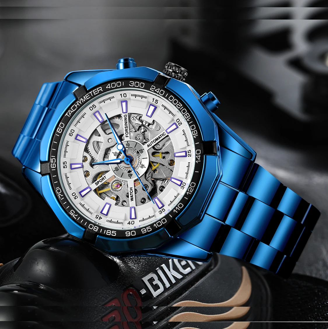 FORSINING Large Men's Watch Stainless Steel Skeleton Mechanical Automatic Movement Clock Waterproof Wrist